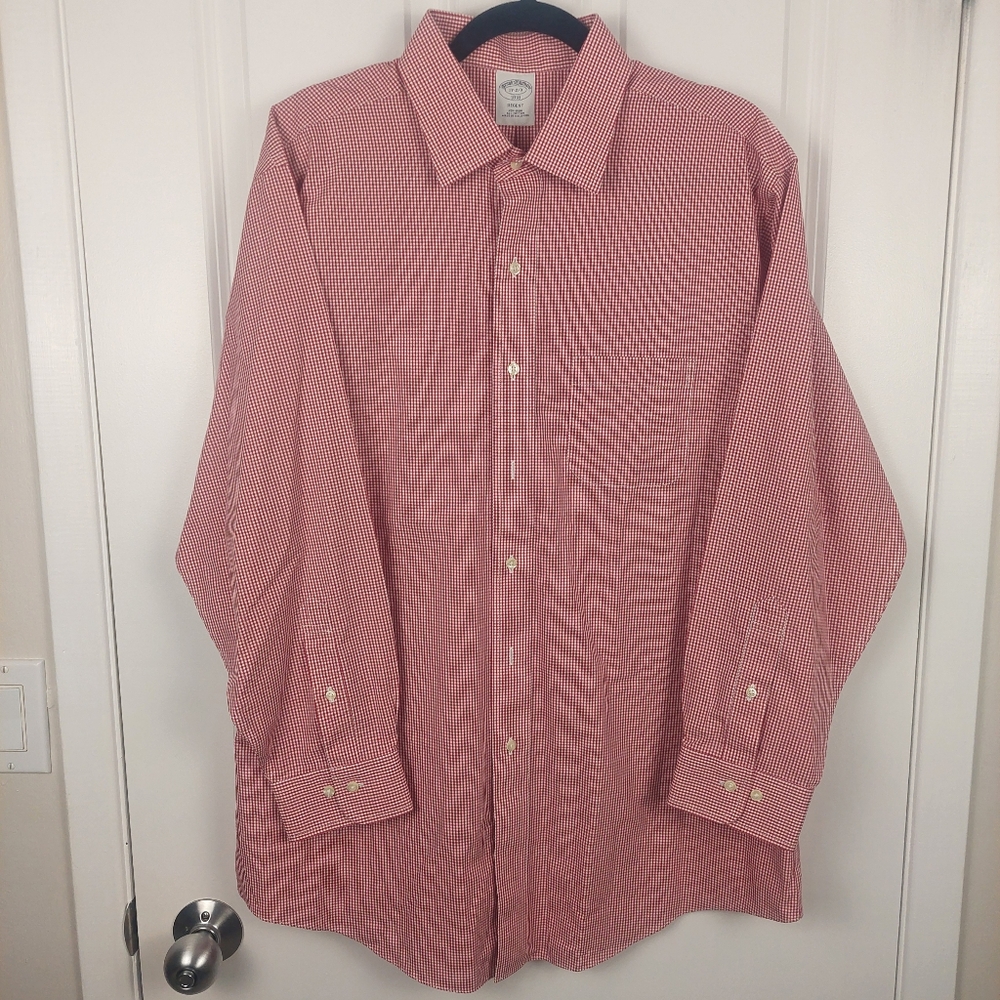 Brooks Brothers Non-Iron Cotton Dress Shirt, Men's 17 Red & White Sm Check